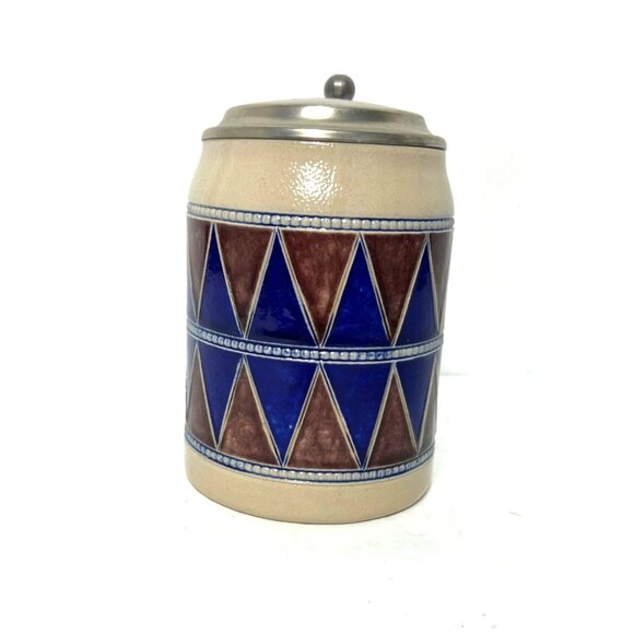Vintage BMF German Beer Stein Pewter Lid Salt Glaze Blue Maroon Argyle Diamonds - Picture 2 of 10